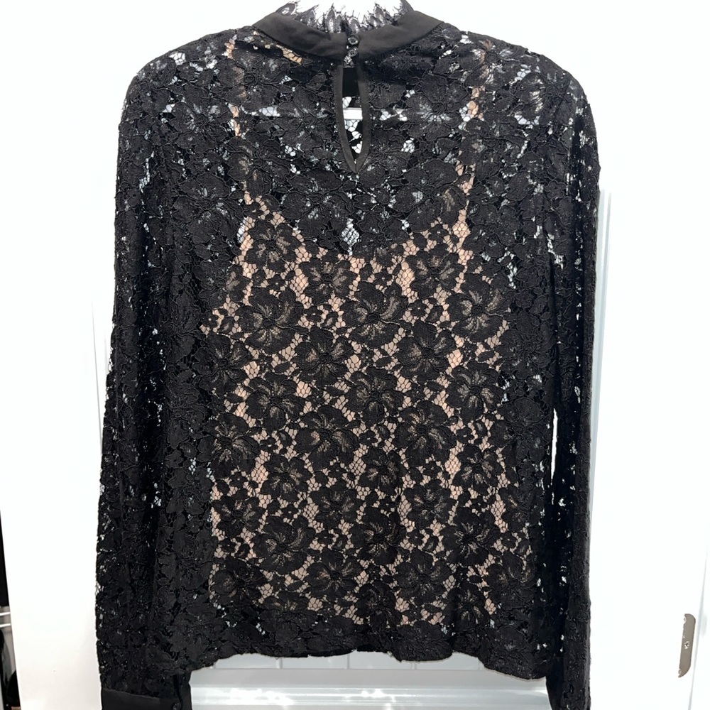 Revolve WAYF Berklin Lace Black Fitted Long Sleeve Blouse Top with Nude Tank Top - Picture 4 of 14